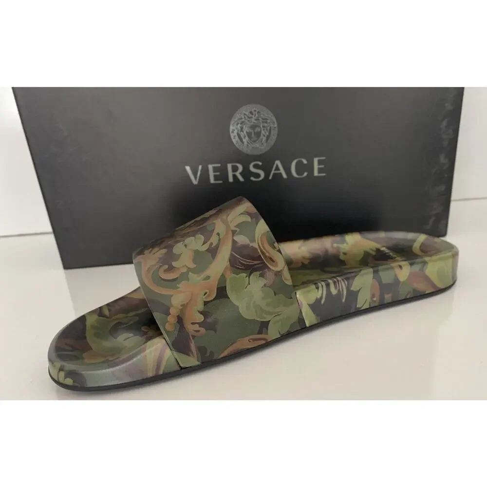 NIB $395 Versace Baroccoflage Slides Sandals Khaki 9 US (42 Euro) IT DSU6516